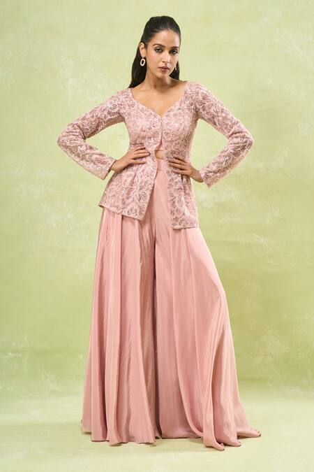 Samyukta Singhania_Pink Net, Crepe Sequins, Beads, Embroidery V-neck, Sweetheart Jacket Sharara Set _at_Aza_Fashions