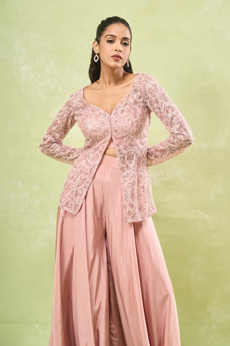 Buy_Samyukta Singhania_Pink Net, Crepe Sequins, Beads, Embroidery V-neck, Sweetheart Jacket Sharara Set 