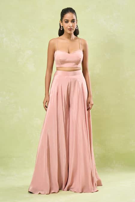 Shop_Samyukta Singhania_Pink Net, Crepe Sequins, Beads, Embroidery V-neck, Sweetheart Jacket Sharara Set 