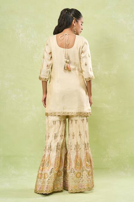 Shop_Samyukta Singhania_Beige Tussar, Silk Embroidery, Gota Patti, Zari Scoop Neck Sharara Set_at_Aza_Fashions