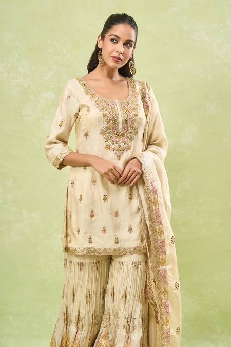 Samyukta Singhania_Beige Tussar, Silk Embroidery, Gota Patti, Zari Scoop Neck Sharara Set_Online_at_Aza_Fashions