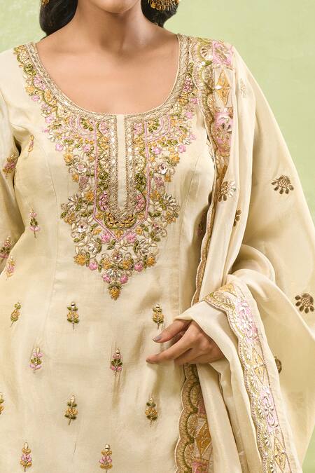 Buy_Samyukta Singhania_Beige Tussar, Silk Embroidery, Gota Patti, Zari Scoop Neck Sharara Set_Online_at_Aza_Fashions