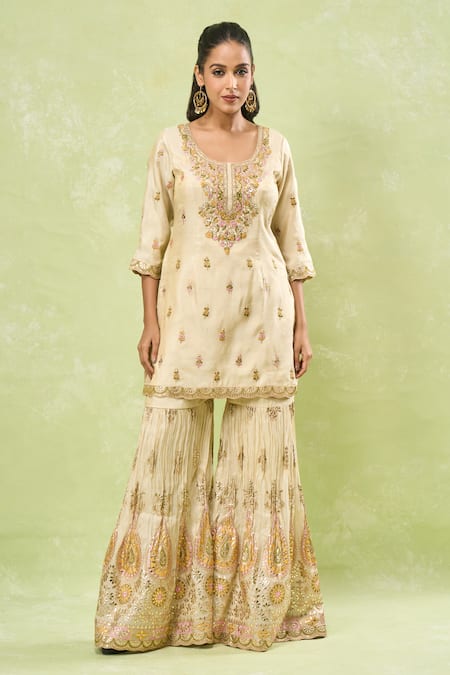Shop_Samyukta Singhania_Beige Tussar, Silk Embroidery, Gota Patti, Zari Scoop Neck Sharara Set_Online_at_Aza_Fashions