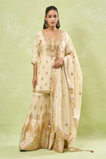 Samyukta Singhania_Beige Tussar, Silk Embroidery, Gota Patti, Zari Scoop Neck Sharara Set_at_Aza_Fashions