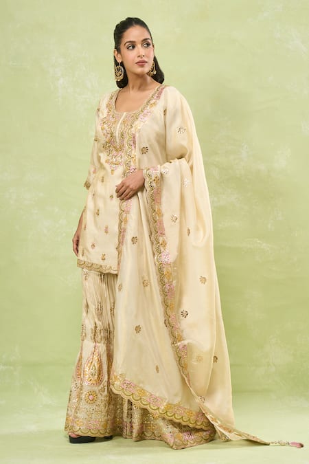 Buy_Samyukta Singhania_Beige Tussar, Silk Embroidery, Gota Patti, Zari Scoop Neck Sharara Set