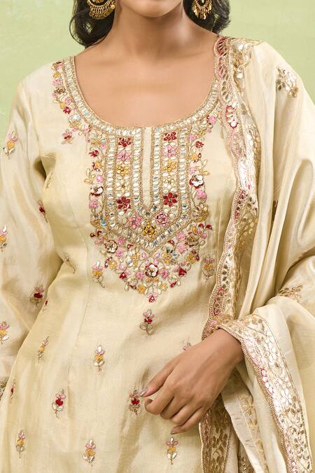 Samyukta Singhania_Beige Tussar Gota Patti, Sequins, Zari, Embroidery Scoop Thread Sharara Set_Online_at_Aza_Fashions