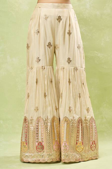 Buy_Samyukta Singhania_Beige Tussar Gota Patti, Sequins, Zari, Embroidery Scoop Thread Sharara Set_Online_at_Aza_Fashions
