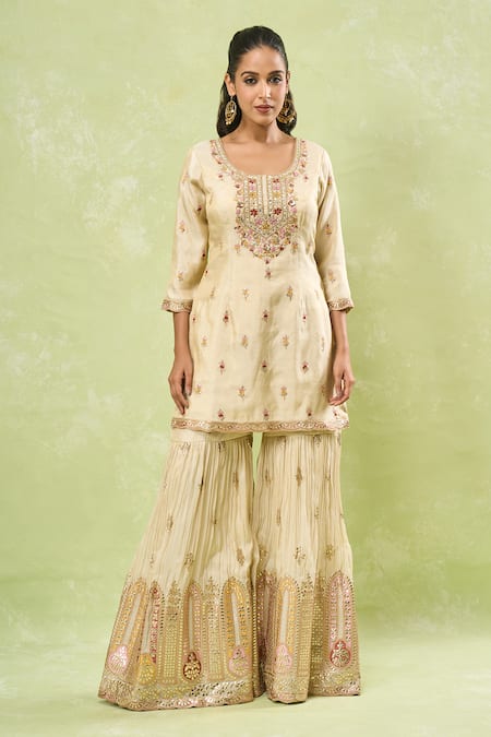 Shop_Samyukta Singhania_Beige Tussar Gota Patti, Sequins, Zari, Embroidery Scoop Thread Sharara Set_Online_at_Aza_Fashions