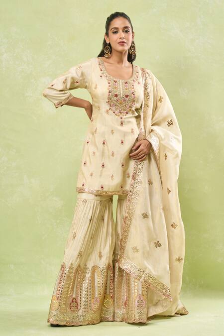 Samyukta Singhania_Beige Tussar Gota Patti, Sequins, Zari, Embroidery Scoop Thread Sharara Set_at_Aza_Fashions