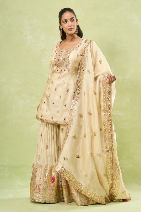 Buy_Samyukta Singhania_Beige Tussar Gota Patti, Sequins, Zari, Embroidery Scoop Thread Sharara Set