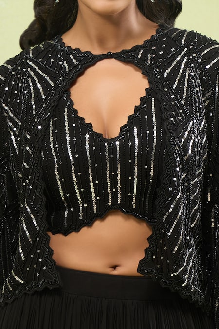 Samyukta Singhania_Black Georgette Sequins, Beads V-, Round Embroidered Jacket Lehenga Set _Online_at_Aza_Fashions