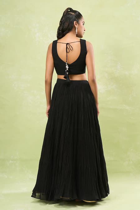 Buy_Samyukta Singhania_Black Georgette Sequins, Beads V-, Round Embroidered Jacket Lehenga Set _Online_at_Aza_Fashions