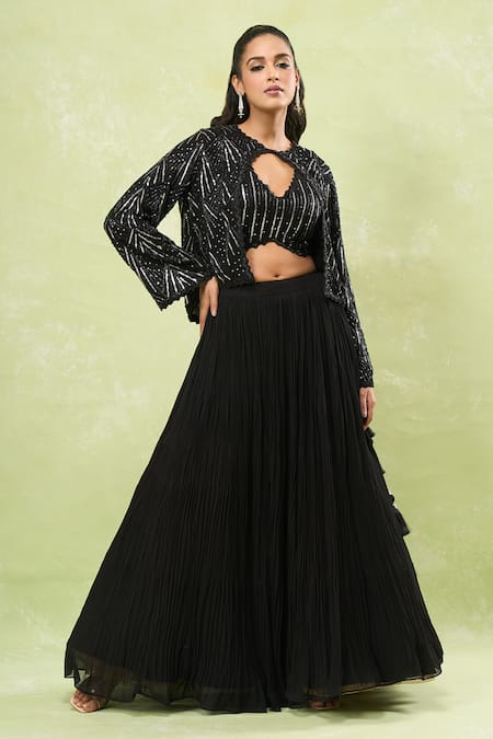 Shop_Samyukta Singhania_Black Georgette Sequins, Beads V-, Round Embroidered Jacket Lehenga Set _Online_at_Aza_Fashions