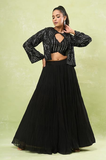 Samyukta Singhania_Black Georgette Sequins, Beads V-, Round Embroidered Jacket Lehenga Set _at_Aza_Fashions