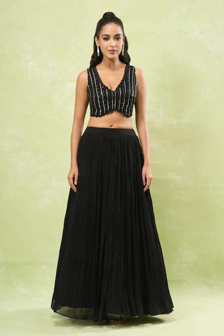 Buy_Samyukta Singhania_Black Georgette Sequins, Beads V-, Round Embroidered Jacket Lehenga Set 