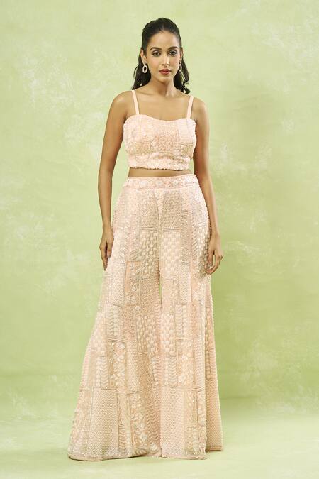 Samyukta Singhania_Peach Georgette Sequins, Beads, Embroidery Sweetheart Neck, Jacket Sharara Set_Online_at_Aza_Fashions