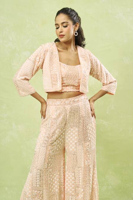 Buy_Samyukta Singhania_Peach Georgette Sequins, Beads, Embroidery Sweetheart Neck, Jacket Sharara Set_Online_at_Aza_Fashions