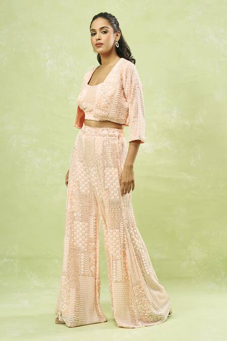 Shop_Samyukta Singhania_Peach Georgette Sequins, Beads, Embroidery Sweetheart Neck, Jacket Sharara Set_Online_at_Aza_Fashions