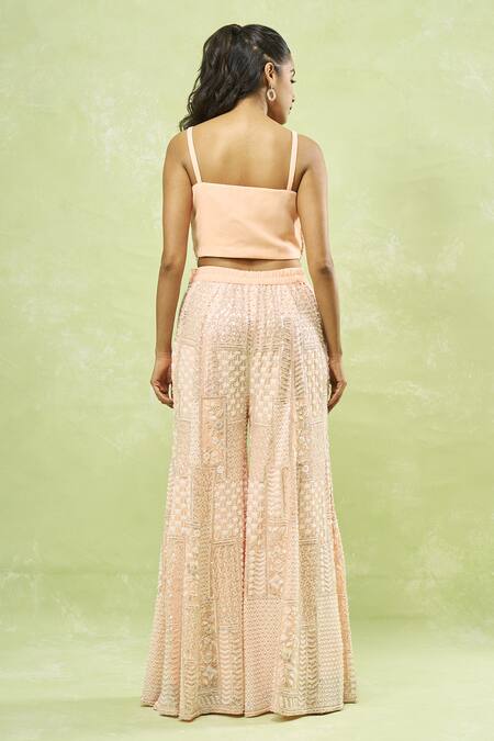 Samyukta Singhania_Peach Georgette Sequins, Beads, Embroidery Sweetheart Neck, Jacket Sharara Set_at_Aza_Fashions