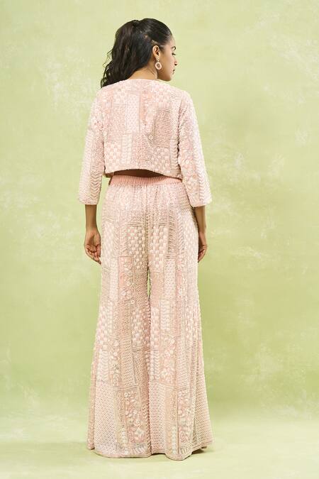 Shop Samyukta Singhania Pink Georgette Sequins, Beads, Embroidery Geometric Jacket Sharara Set at Aza Fashions Shop_Samyukta Singhania_Pink Georgette Sequins, Beads, Embroidery Geometric Jacket Sharara Set_at_Aza_Fashions