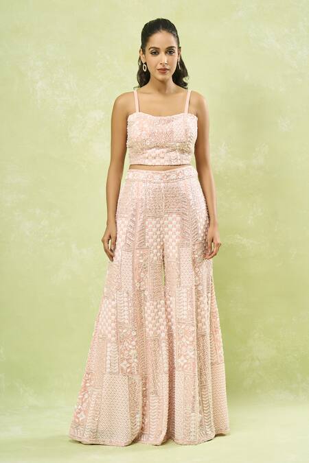 Samyukta Singhania Pink Georgette Sequins, Beads, Embroidery Geometric Jacket Sharara Set Online at Aza Fashions Samyukta Singhania_Pink Georgette Sequins, Beads, Embroidery Geometric Jacket Sharara Set_Online_at_Aza_Fashions