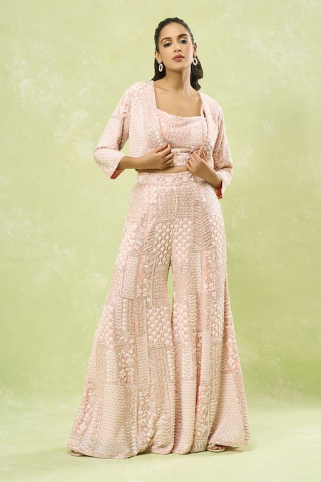 Samyukta Singhania Pink Georgette Sequins, Beads, Embroidery Geometric Jacket Sharara Set at Aza Fashions Samyukta Singhania_Pink Georgette Sequins, Beads, Embroidery Geometric Jacket Sharara Set_at_Aza_Fashions