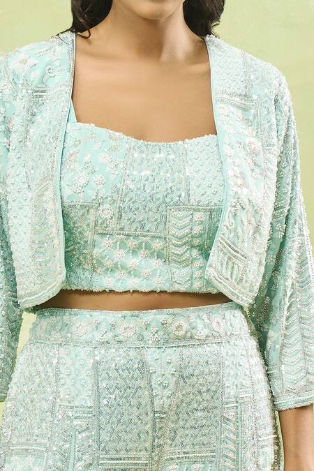Buy_Samyukta Singhania_Blue Georgette Sequins, Beads, Embroidery Sweetheart Neck, Jacket Sharara Set_Online_at_Aza_Fashions