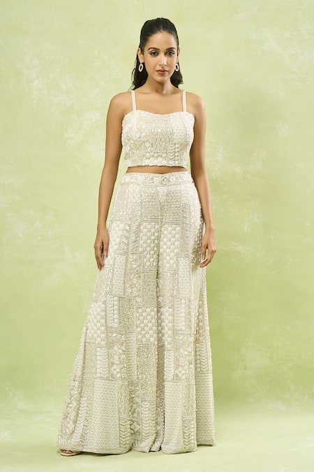 Samyukta Singhania_Gray Georgette Sequins, Beads, Embroidery Geometric Jacket Sharara Set_Online_at_Aza_Fashions