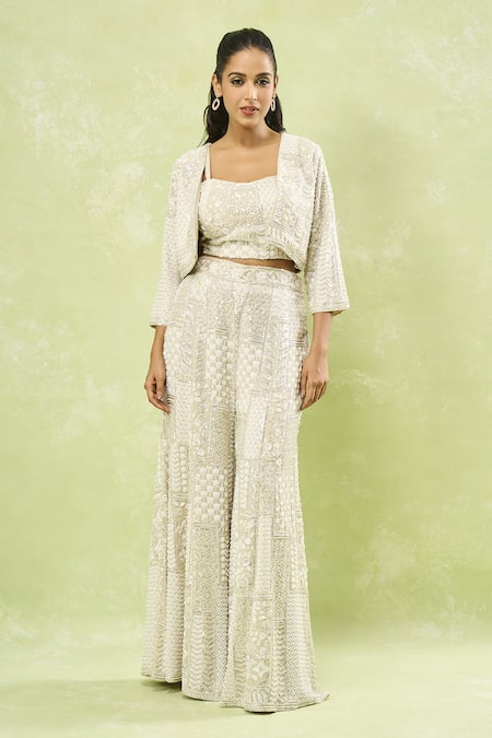 Samyukta Singhania_Gray Georgette Sequins, Beads, Embroidery Geometric Jacket Sharara Set_at_Aza_Fashions