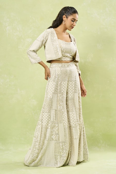 Buy_Samyukta Singhania_Gray Georgette Sequins, Beads, Embroidery Geometric Jacket Sharara Set
