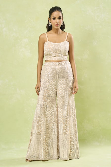 Samyukta Singhania_Beige Georgette Sequins, Beads, Embroidery Geometric Jacket Sharara Set_Online_at_Aza_Fashions