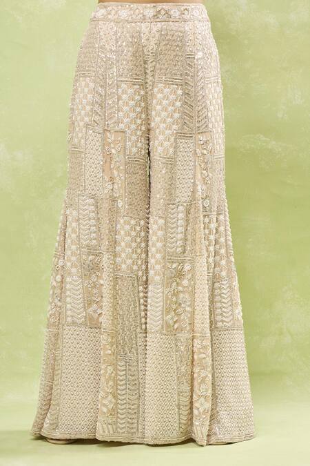 Shop_Samyukta Singhania_Beige Georgette Sequins, Beads, Embroidery Geometric Jacket Sharara Set_Online_at_Aza_Fashions