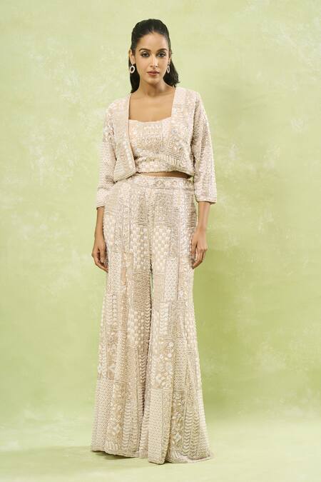 Samyukta Singhania_Beige Georgette Sequins, Beads, Embroidery Geometric Jacket Sharara Set_at_Aza_Fashions
