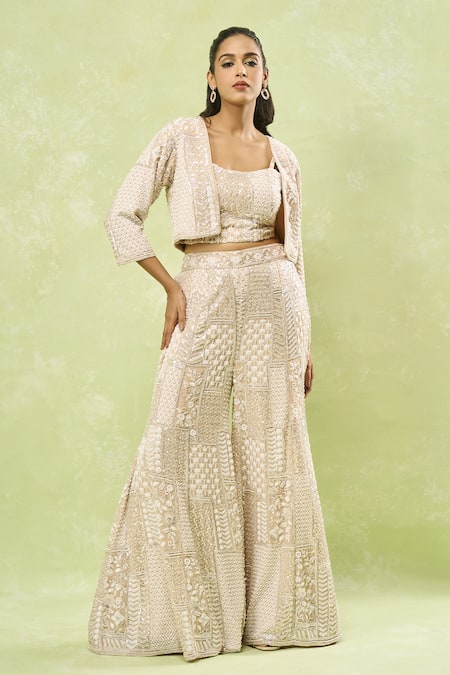 Buy_Samyukta Singhania_Beige Georgette Sequins, Beads, Embroidery Geometric Jacket Sharara Set