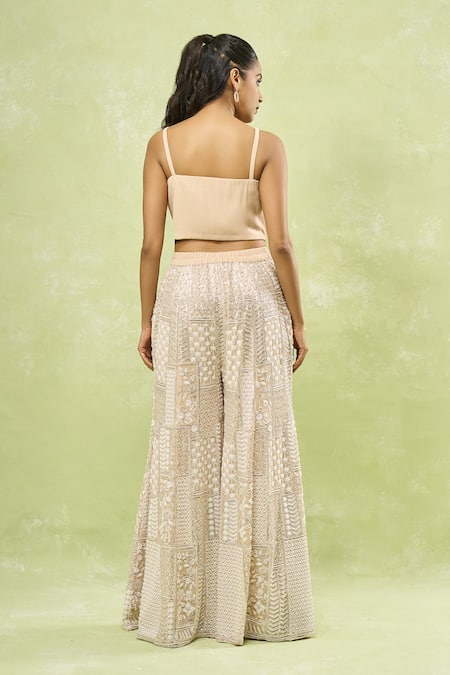 Shop_Samyukta Singhania_Beige Georgette Sequins, Beads, Embroidery Geometric Jacket Sharara Set