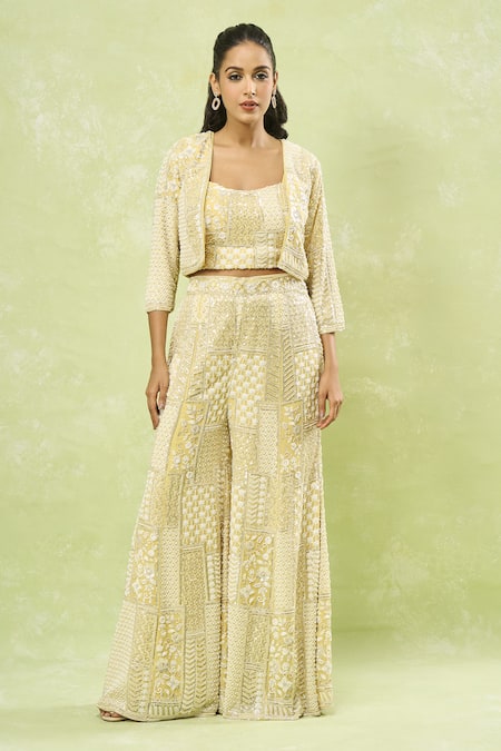 Samyukta Singhania_Yellow Georgette Sequins, Beads, Embroidery Geometric Jacket Sharara Set_Online_at_Aza_Fashions