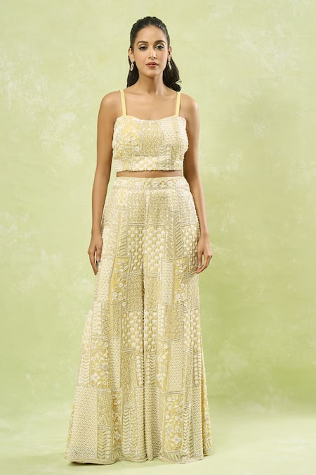 Shop_Samyukta Singhania_Yellow Georgette Sequins, Beads, Embroidery Geometric Jacket Sharara Set_Online_at_Aza_Fashions