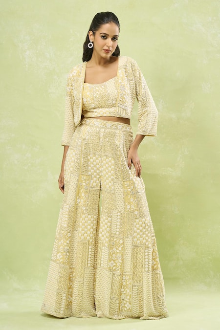 Samyukta Singhania_Yellow Georgette Sequins, Beads, Embroidery Geometric Jacket Sharara Set_at_Aza_Fashions