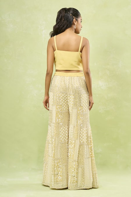 Buy_Samyukta Singhania_Yellow Georgette Sequins, Beads, Embroidery Geometric Jacket Sharara Set