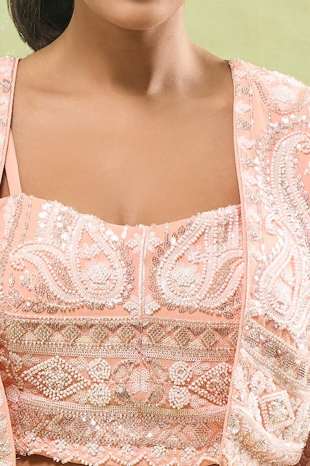 Samyukta Singhania_Peach Georgette Cut Work, Sequins, Beads Paisley Embroidered Sharara Set _Online_at_Aza_Fashions
