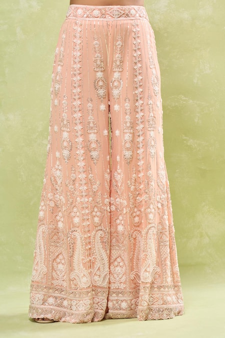 Buy_Samyukta Singhania_Peach Georgette Cut Work, Sequins, Beads Paisley Embroidered Sharara Set _Online_at_Aza_Fashions