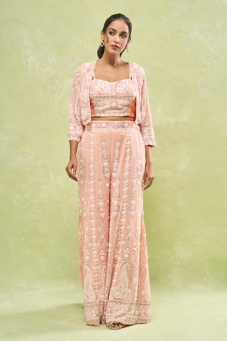 Shop_Samyukta Singhania_Peach Georgette Cut Work, Sequins, Beads Paisley Embroidered Sharara Set _Online_at_Aza_Fashions