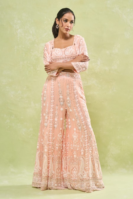Samyukta Singhania_Peach Georgette Cut Work, Sequins, Beads Paisley Embroidered Sharara Set _at_Aza_Fashions