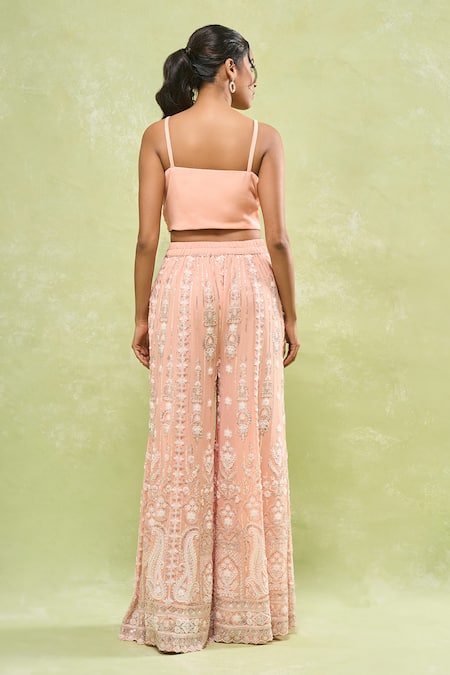 Buy_Samyukta Singhania_Peach Georgette Cut Work, Sequins, Beads Paisley Embroidered Sharara Set 