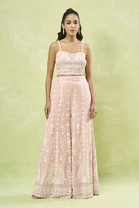 Samyukta Singhania Pink Georgette Sequins, Beads, Cut Work, Embroidery Hand Jacket Sharara Set Online at Aza Fashions Samyukta Singhania_Pink Georgette Sequins, Beads, Cut Work, Embroidery Hand Jacket Sharara Set_Online_at_Aza_Fashions