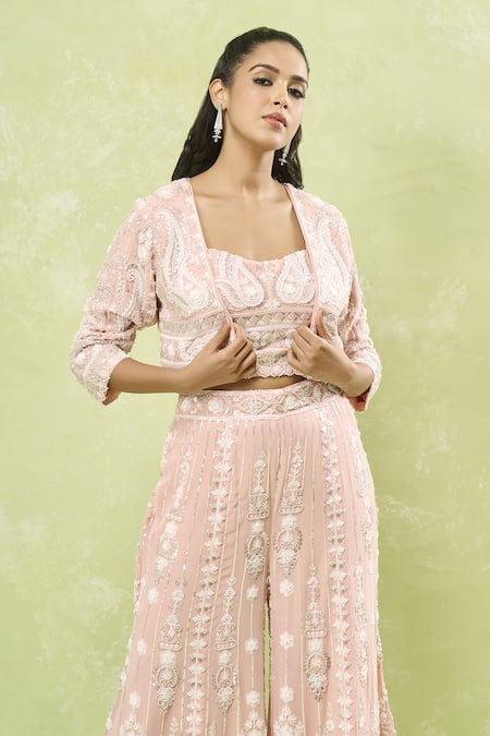 Buy Samyukta Singhania Pink Georgette Sequins, Beads, Cut Work, Embroidery Hand Jacket Sharara Set Online at Aza Fashions Buy_Samyukta Singhania_Pink Georgette Sequins, Beads, Cut Work, Embroidery Hand Jacket Sharara Set_Online_at_Aza_Fashions