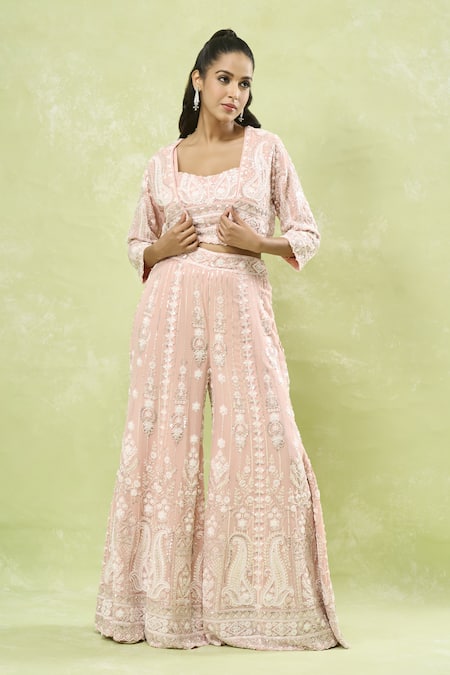 Samyukta Singhania Pink Georgette Sequins, Beads, Cut Work, Embroidery Hand Jacket Sharara Set at Aza Fashions Samyukta Singhania_Pink Georgette Sequins, Beads, Cut Work, Embroidery Hand Jacket Sharara Set_at_Aza_Fashions