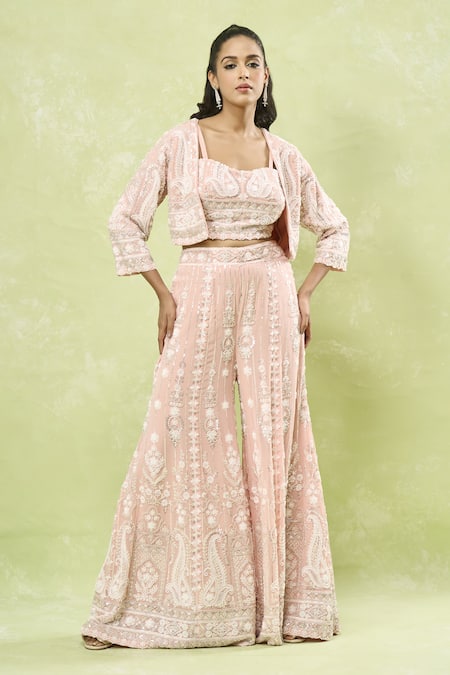 Buy Samyukta Singhania Pink Georgette Sequins, Beads, Cut Work, Embroidery Hand Jacket Sharara Set Buy_Samyukta Singhania_Pink Georgette Sequins, Beads, Cut Work, Embroidery Hand Jacket Sharara Set