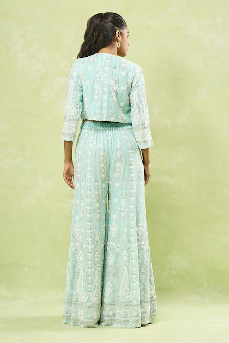 Shop Samyukta Singhania Blue Georgette Sequins, Cut Work, Beads Embroidered Jacket Sharara Set at Aza Fashions Shop_Samyukta Singhania_Blue Georgette Sequins, Cut Work, Beads Embroidered Jacket Sharara Set _at_Aza_Fashions