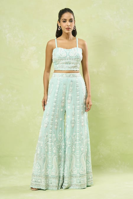 Samyukta Singhania Blue Georgette Sequins, Cut Work, Beads Embroidered Jacket Sharara Set Online at Aza Fashions Samyukta Singhania_Blue Georgette Sequins, Cut Work, Beads Embroidered Jacket Sharara Set _Online_at_Aza_Fashions